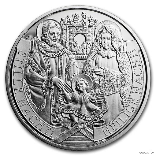 Австрия 20 евро 2018г. "200 лет Рождественскому гимну Тихая ночь". Монета в капсуле; подарочном футляре; номерной сертификат; коробка. СЕРЕБРО 22,42гр.