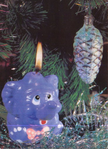 Подписанная открытка 1989г. "С Новым годом! Свеча - слоник" фото М. Анфингер