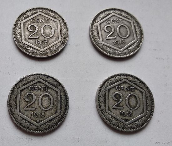 Италия 20 чентезимо, 1918 Гладкий гурт 4-10-25,26,27,28