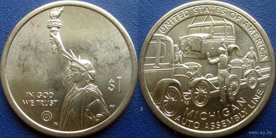 США. 1 доллар 2025. Американские инновации. N27 Мичиган. Автомобильная сборочная линия. Минтмарка D.
