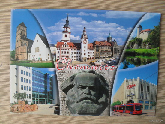 ПОДПИСАННАЯ ОТКРЫТКА. ГЕРМАНИЯ. ЧЕМНИЦ. РАТУША.ТРАМВАЙ. КАРЛ МАРКС.