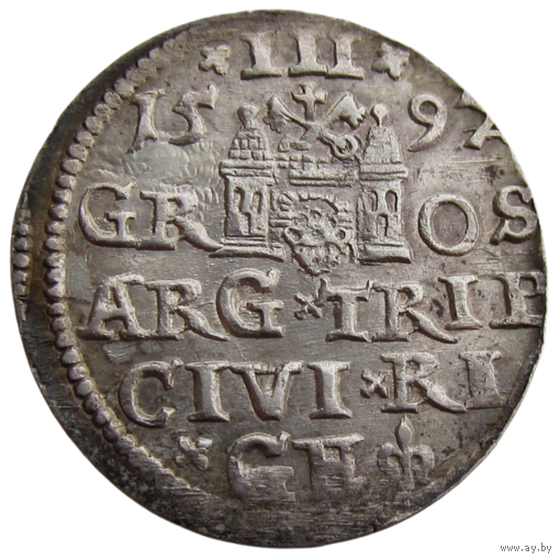 Речь Посполитая: Литва и Польша, трояк (м.д. Рига)/ 3 Grossus (Riga) 1597 г., состояние XF, Жигимонт III