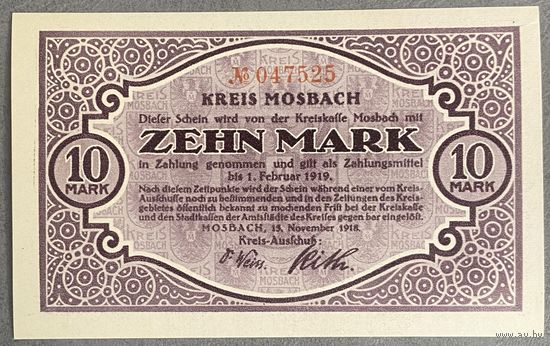 Банкнота 10 марок. 1919 год. Мосбах. Веймарская республика.