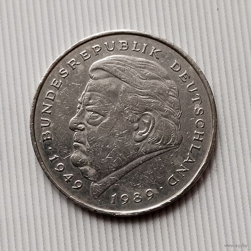 2 марки 1990 года (J) Германия. Федеративная республика (ФРГ). 40 лет ФРГ. Франц  Штраус.