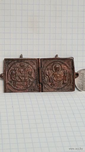 С 1 рубля ! Икона складень Св. Троица и Богородица Купина  меднолитая пластика 18 - 19 век