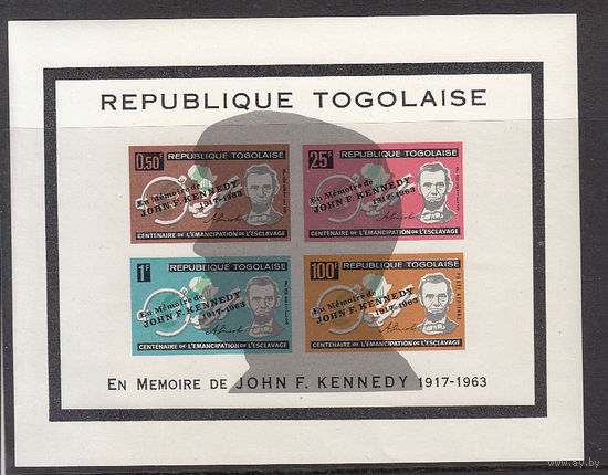Кеннеди. Того. 1964. 1 блок с надпечаткой. Michel N бл13 (35.0 е)