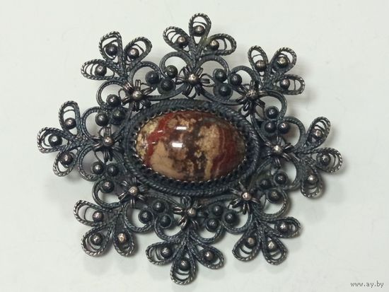 Брошь,снежинка,скань,яшма,мельхиор