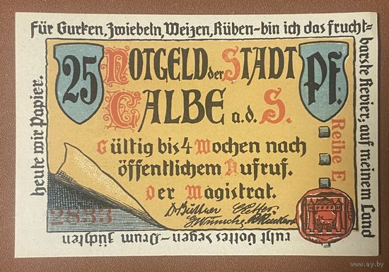 Нотгельд 25 пфеннигов 1922 год. Кальбе. Веймарская республика