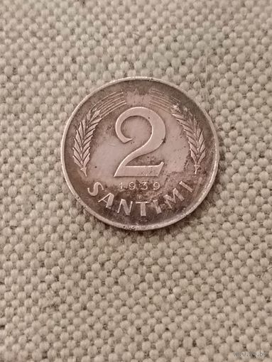 2 Сантима. Латвия 1939.шикарная.