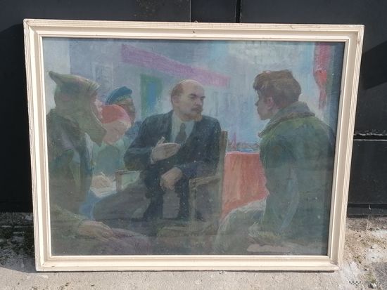 Живопись Соцреализм ГУЩИН Б. Ленин среди делегатов 3 съезда РКСМ оргалит, темпера, в раме под стеклом