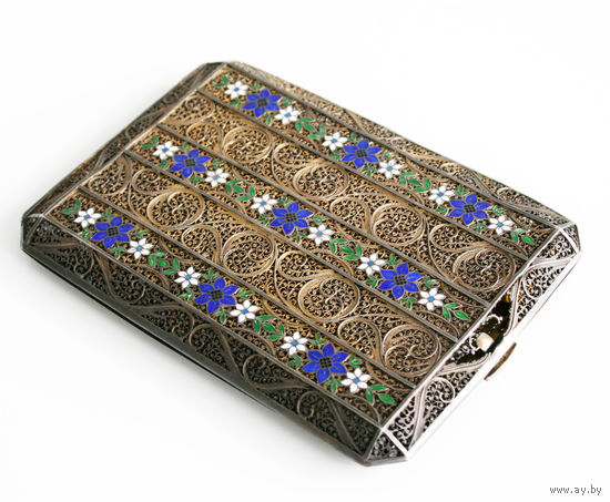 Портсигар, серебро, скань, филигрань, эмаль, позолота. Португалия, 1913-1938 гг. Редкий!