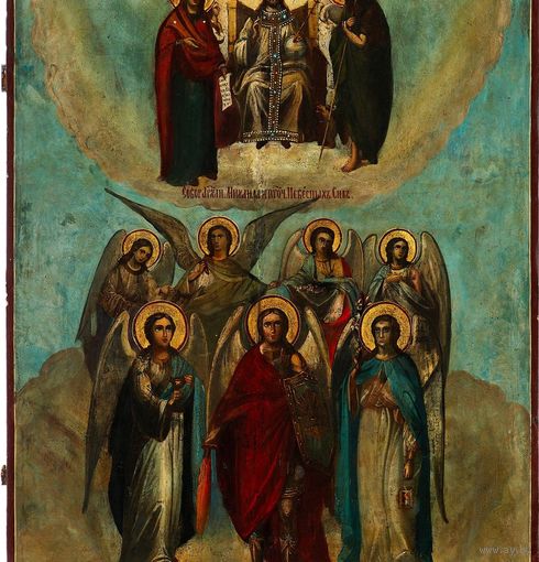 Икона Собор Архангела Михаила и прочих Небесных Сил бесплотных, масло, середина 19 века! 65-60см. Храмовая!