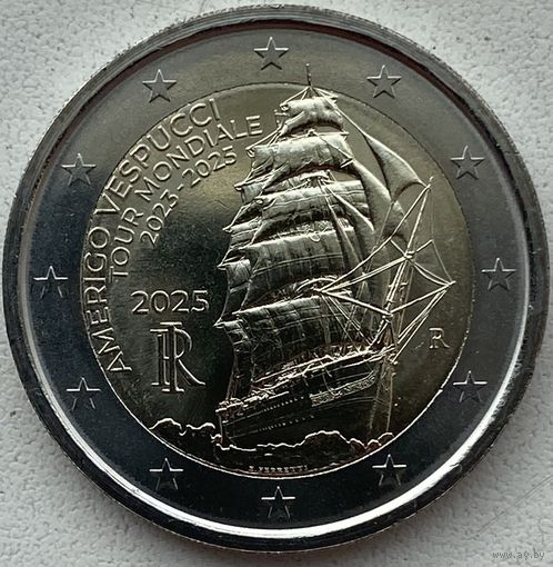 Италия 2 евро 2025 г. Парусник. Америго Веспуччи