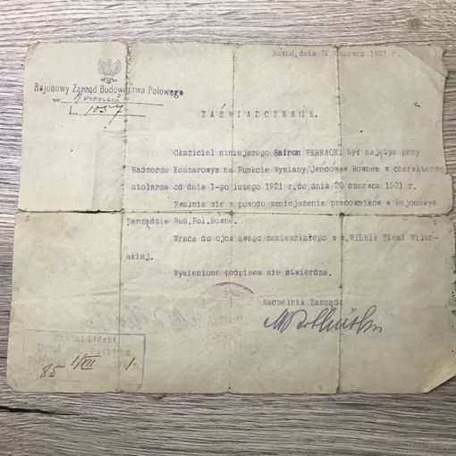 Zaswiadczenie/-Punkt wymiany jencow/-1921r.