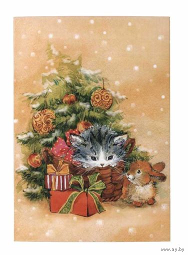 Открытка. С новым годом! Животные. Кот. Котенок. Елочка. Праздник. Худ. Е.Фаенкова (чистая)