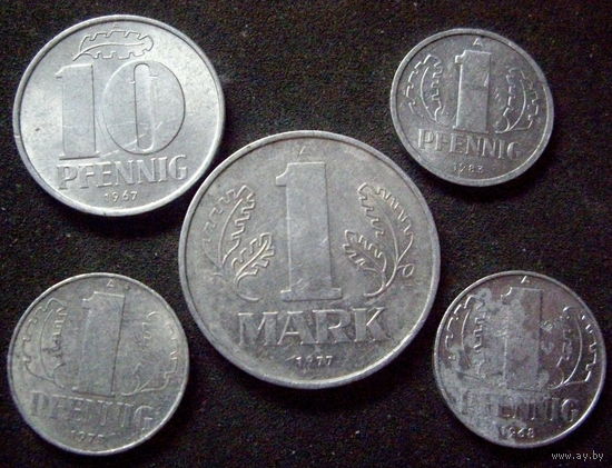 1 пфенниг 1968,1975, 1983, 10 пфеннигов 1967, 1 марка 1977. цена за всё
