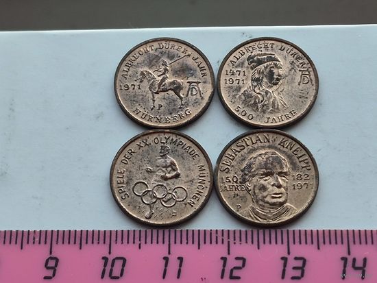 Памятные медали (жетоны) ФРГ. Лот состоит из 4-х штук. Медь. Чеканка. Вес 1,8 грамма. Диаметр  18,1 мм. Толщина 1,2 мм. Медали не чищены. 45254