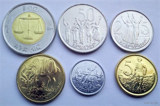 Эфиопия. набор 6 монет 1, 5, 10, 25, 50 центов, 1 быр 2000 - 2010 год