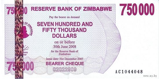 Зимбабве 750000 долларов образца 2008 года UNC p52