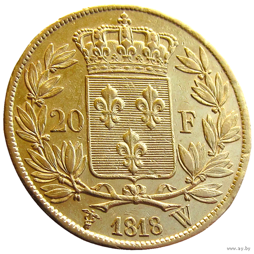 Франция, 20 франков 1818 г., знак: W (Лилль), сост. XF, гурт: DOMINE SALVUM FAC REGEM, Au 900/ 6,45 г., Людовик XVIII, KM# 712 Доставка только при личной встрече, связь по телефону или мессенджеру.