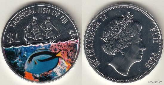 Фиджи 1 доллар 2009 КМ#148 Damsel fish Рыба Корабль цветная