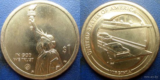 США. 1 доллар 2021. N11 Американские инновации. Мост-тоннель через Чесапикский залив. Вирджиния. Минтмарка  D