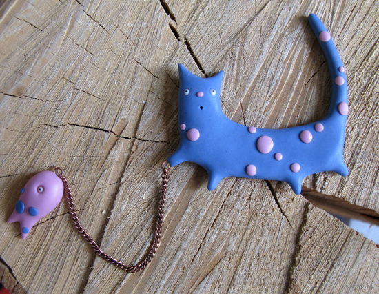 Котик - рыболов, двойной магнит или двойная брошь ручной работы