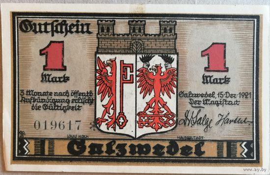 Германия 1 марка 1921 г Зальцведель (Salzwedel), 1162.2a, UNC