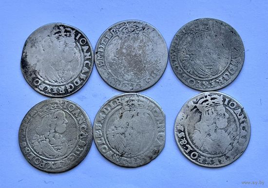 Монеты СЕРЕБРО Польша 6 грошей 1662-1666 год 6 шт Ян Казимир