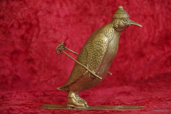 Статуэтка " Пингвин - горнолыжник " ,латунь с серебрением  11,5 см