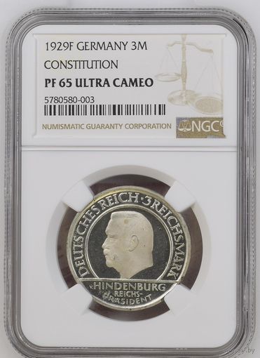 Германия.Веймарская республика. 3 марки 1929 F. слаб NGC PF65 Ultra Cameo