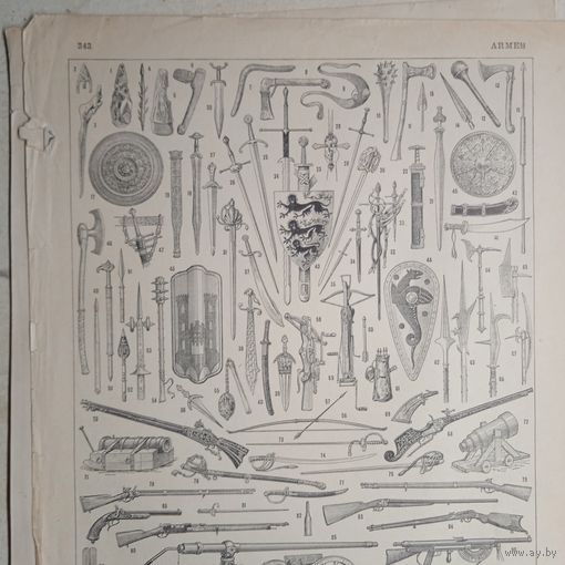 ОРУЖИЕ.  Энциклопедическая гравюра.  кон.19в. 31х24см.  Франция .