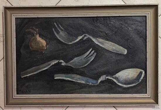 Шарков В.В. "Вилки и ложка" 1987г. ДВП, масло. Размер 57х37,5 см.