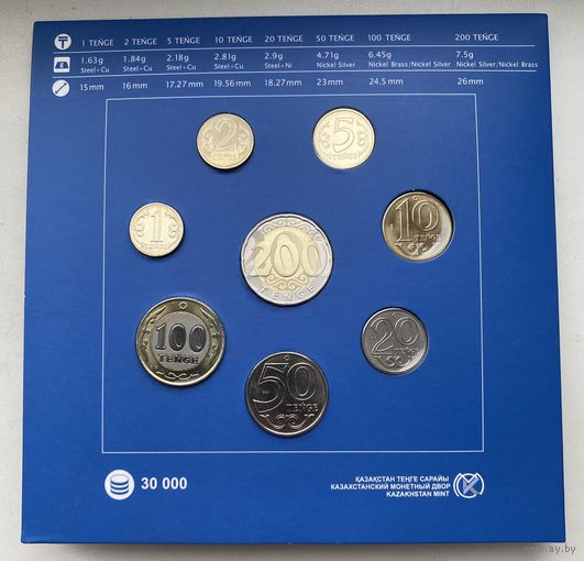 Казахстан 1, 2, 5, 10, 20, 50, 100, 200 тенге 2023 г. 2 тенге этого типа выходила только в наборе! Банковский набор в упаковке. Снежный барс.
