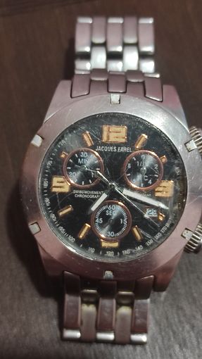Часы  JACOUES FAREL . Рабочий хронограф. Небольшой скол на 15.30.