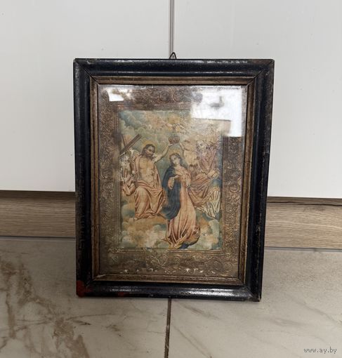 Старинная литография Коронование Пресвятой Богородицы