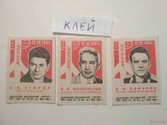 Спичечные этикетки ф.Гигант. Экипаж космического корабля "Восход" 1965 год
