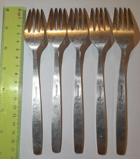 Вилка СССР, комплект 5 шт, мельхиор, посеребренные