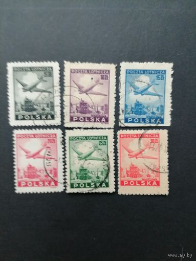 Польша 1946 Полная серия марок "Авиапочта: самолет над Варшавой" (гашение без клея, есть наклейки) Mi.428-433 каталог 2.40 евро