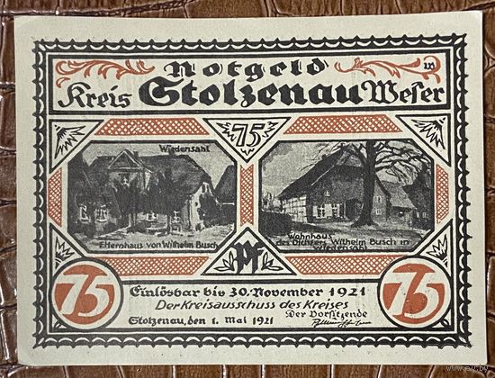 Нотгельд 75 пфеннигов 1921 год. Штольценау-Везер,. Веймарская республика