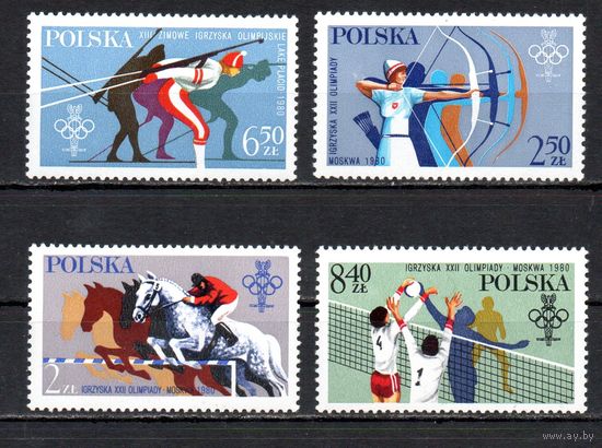 ХIII зимние Олимпийские игры в Лейк-Плэсиде и XXII летние Олимпийские игры в Москве Польша 1980 год серия из 4-х марок