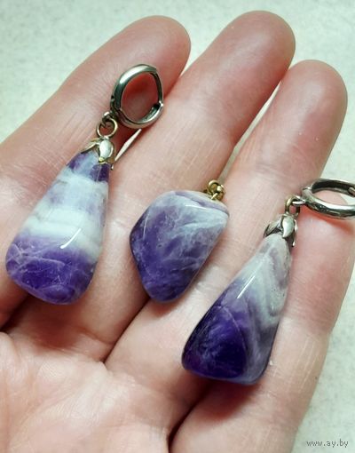 Серьги и кулон с натуральным камнем Аметист