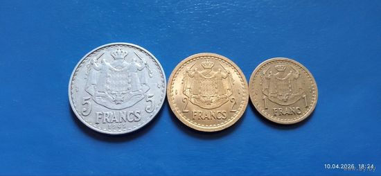 Сборный лот 5 франков,2 франка и 1 франк 1945 год Монако (Состояние на фото,в лоте 3 монеты)