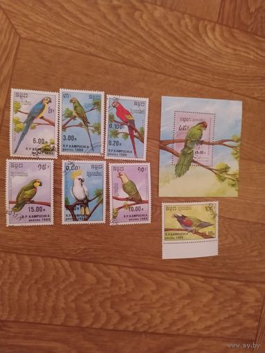 Кампучия блок и марки 1989 г. Попугаи