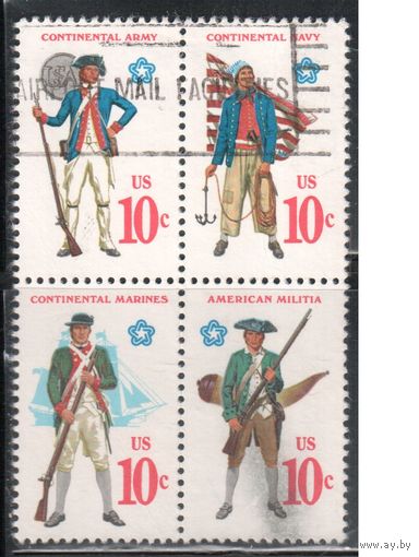 США-1975, (Мих.1175-1178) , гаш. , 200-лет независимости ,Военная форма, Оружие(полная серия)(1)
