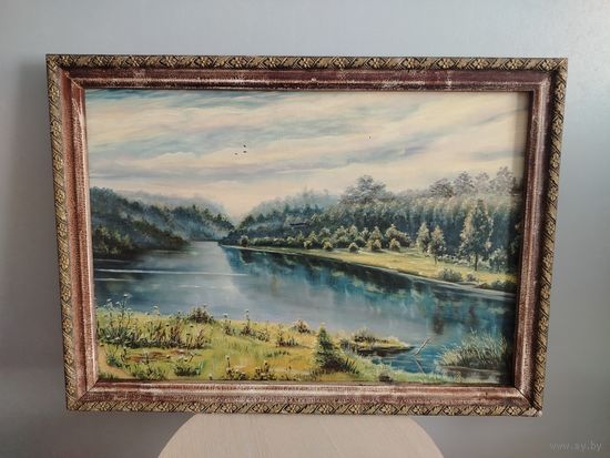 Все лоты с 1 Рубля. Старая картина, Таежная река.