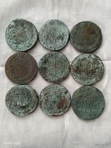 Лот монет 5 копеек 1765,73,75,78,79,80,81,88 годов