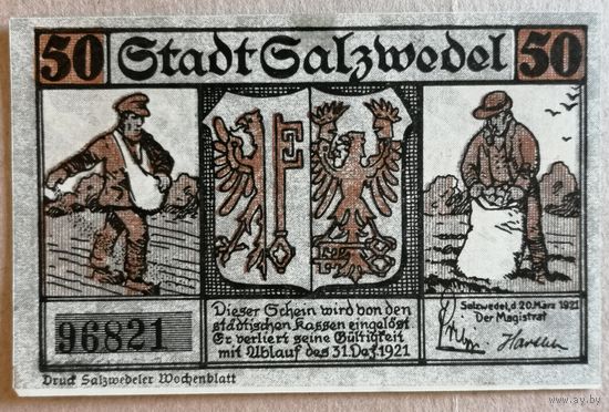 Германия 50 пфеннигов 1921 г Зальцведель (Salzwedel), 1162.1a, UNC, (# типографский)