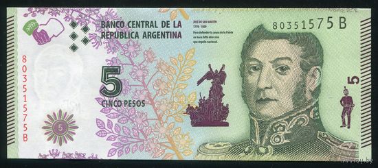 Аргентина 5 песо 2015 г. P359. Серия B. UNC