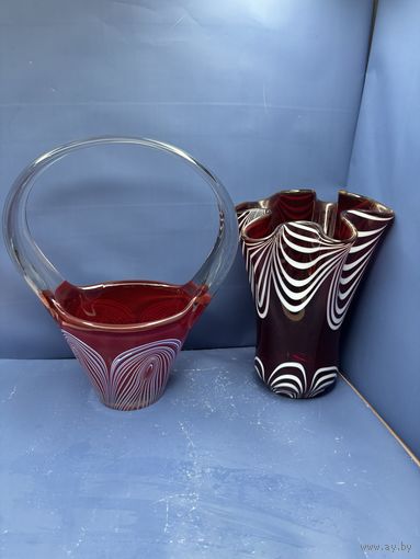 Набор конфетница и ваза красная стекло